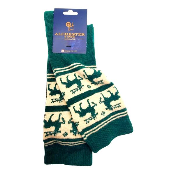Green Rudolph Reindeer Socks Alchester Cashmere Wool Blend Mens Large Cozy Warm - Picture 1 of 5